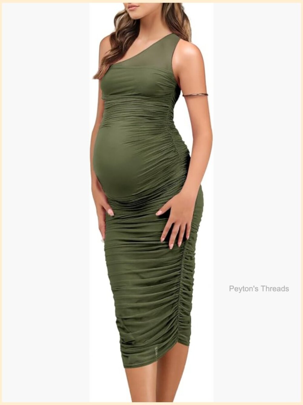 Emerald Maternity Wedding Guest Dress One Shoulder Bodycon Mesh Midi